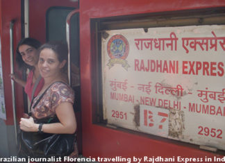 Florencia Costa and her friend Maria boarding the Rajdhani Express in India.