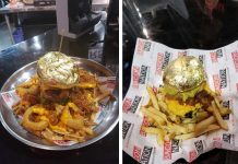 (Left) The 24-karat gold-foil wrapped whopper burger sells for $100. (Right) The $24.95 priced 24-karat gold-foil-wrapped burger.